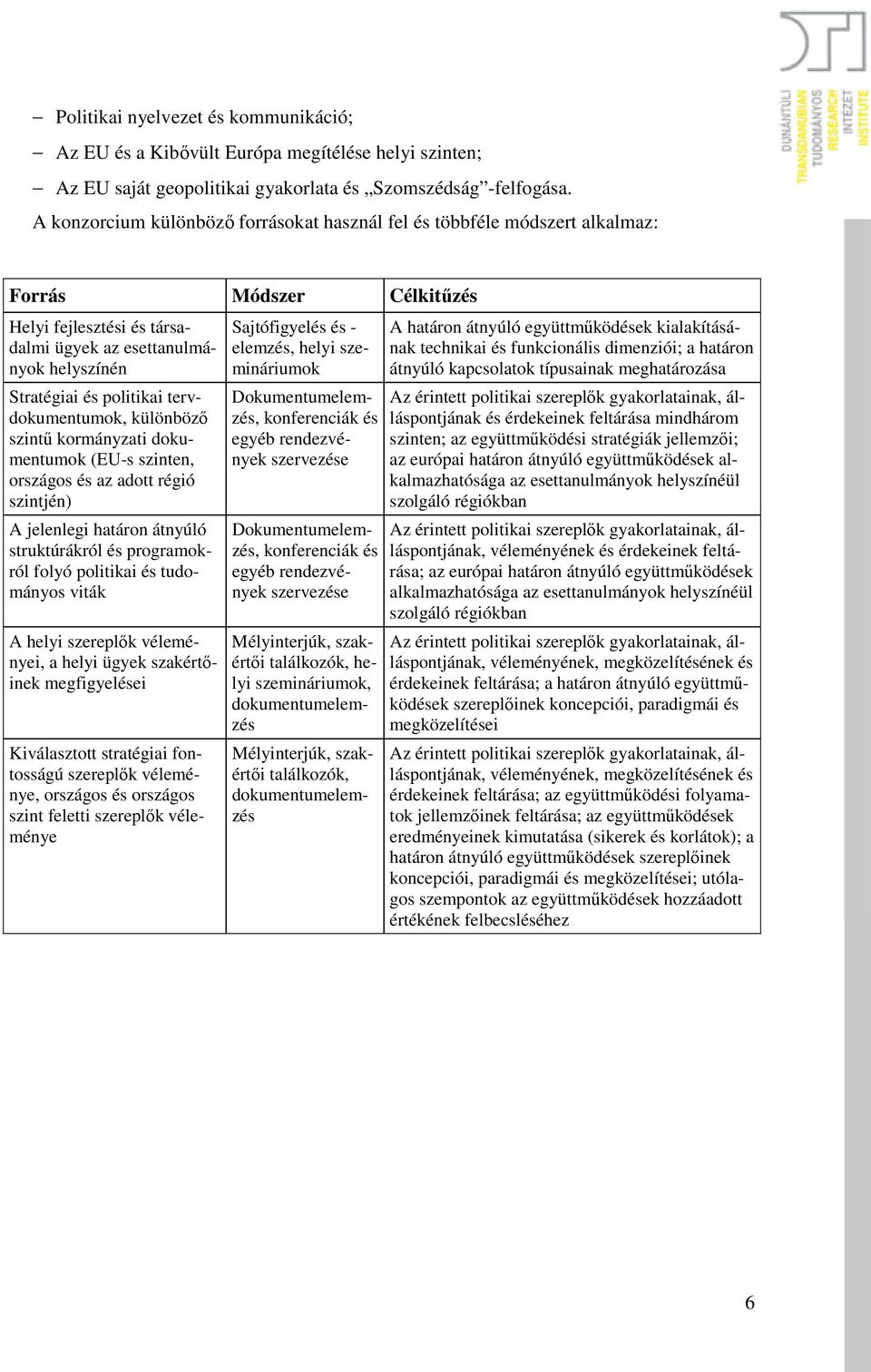 tervdokumentumok, különbözı szintő kormányzati dokumentumok (EU-s szinten, országos és az adott régió szintjén) A jelenlegi határon átnyúló struktúrákról és programokról folyó politikai és tudományos
