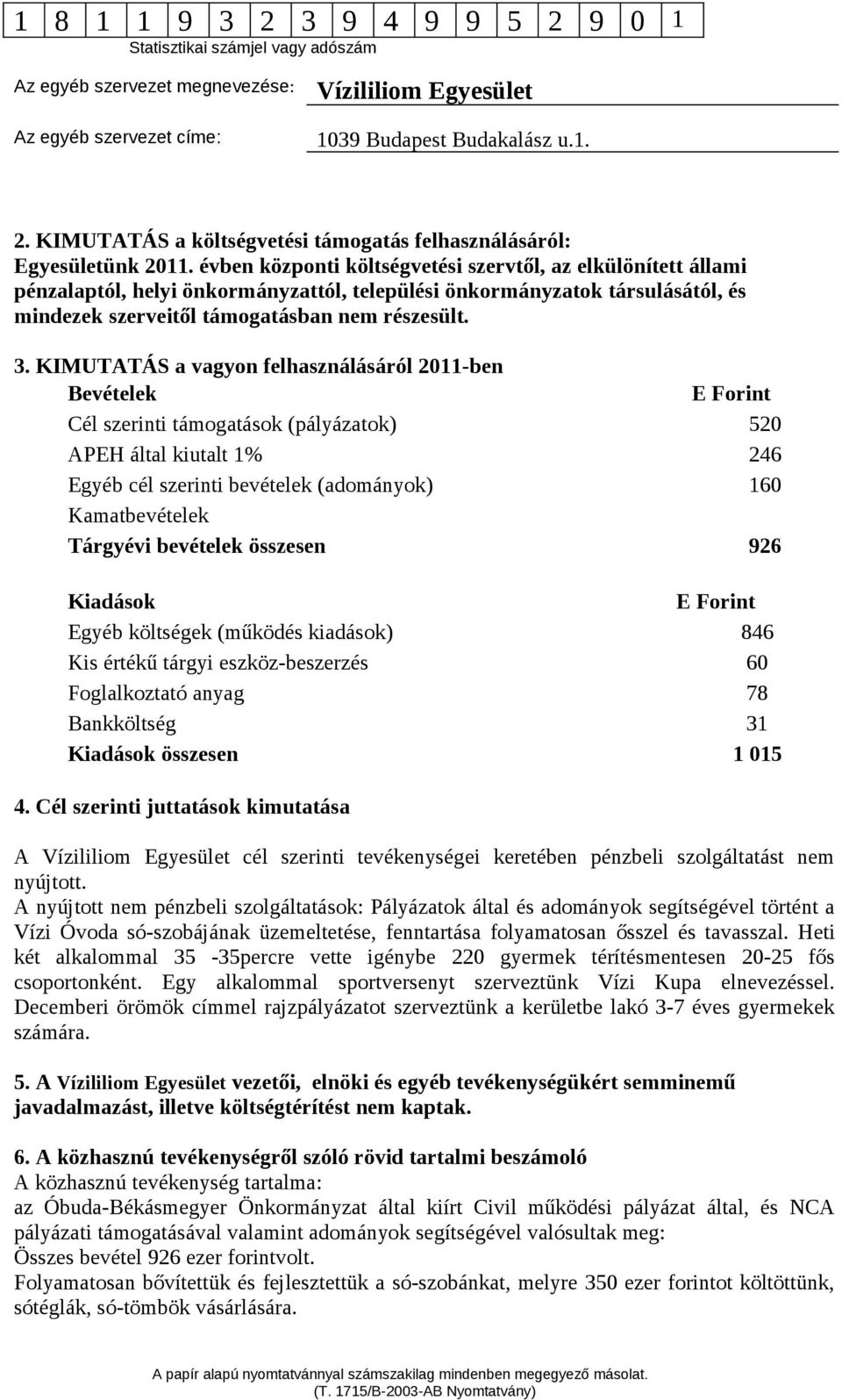 KIMUTATÁS a vagyon felhasználásáról 2011-ben Bevételek E Forint Cél szerinti támogatások (pályázatok) 520 APEH által kiutalt 1% 246 Egyéb cél szerinti bevételek (adományok) 160 Kamatbevételek