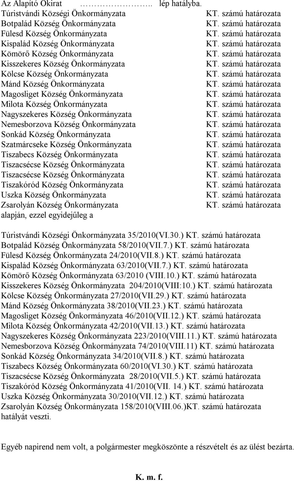 Önkormányzata Mánd Község Önkormányzata Magosliget Község Önkormányzata Milota Község Önkormányzata Nagyszekeres Község Önkormányzata Nemesborzova Község Önkormányzata Sonkád Község Önkormányzata