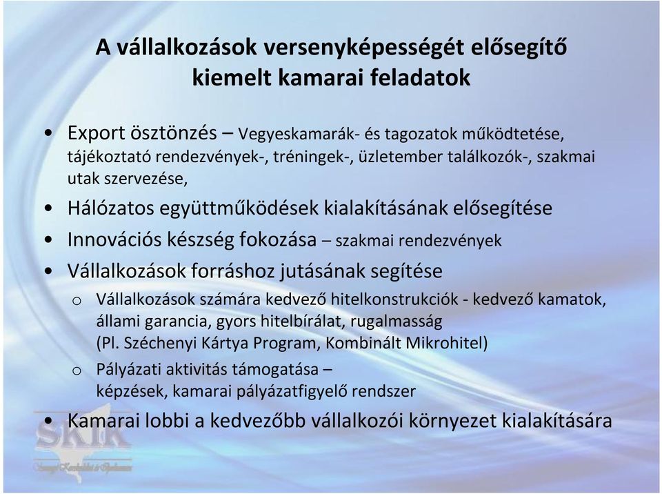 forráshoz jutásának segítése o Vállalkozások számára kedvező hitelkonstrukciók - kedvező kamatok, állami garancia, gyors hitelbírálat, rugalmasság (Pl.
