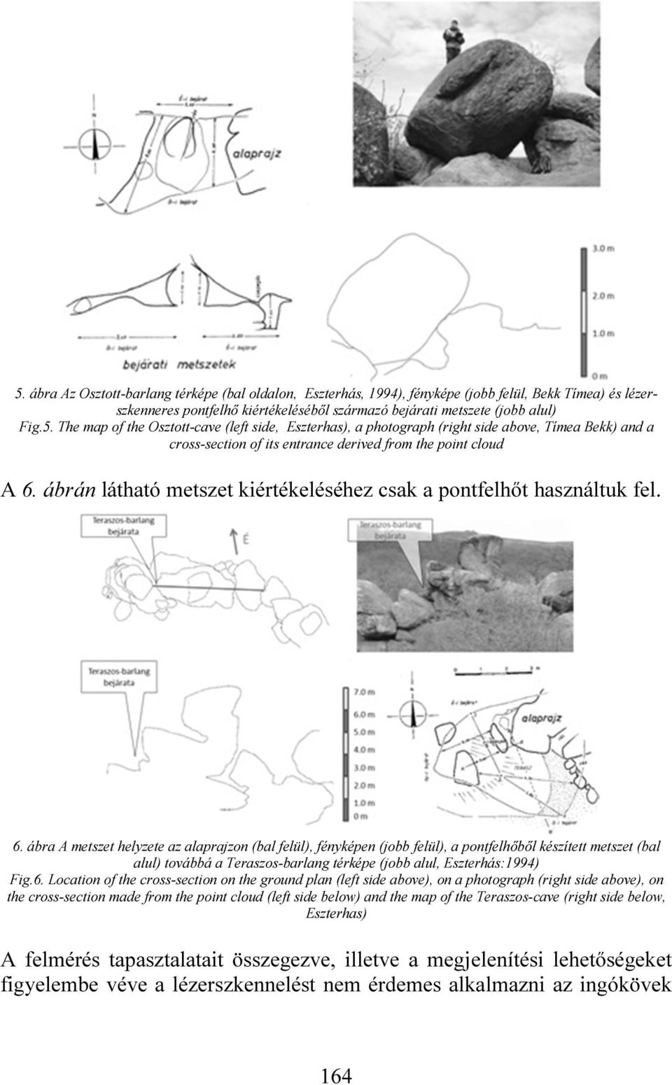 ábra A metszet helyzete az alaprajzon (bal felül), fényképen (jobb felül), a pontfelhőből készített metszet (bal alul) továbbá a Teraszos-barlang térképe (jobb alul, Eszterhás:1994) Fig.6.