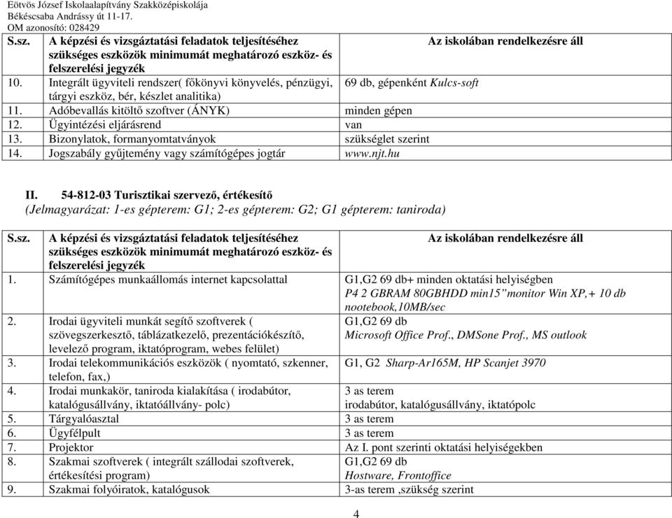 hu 69 db, gépenként Kulcs-soft II. 54-812-03 Turisztikai szervez, értékesít 1.