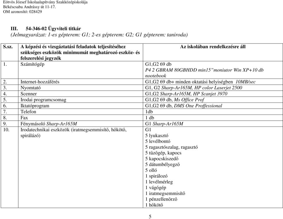 Irodai programcsomag G1,G2 69 db, Ms Office Prof 6. Iktatóprogram G1,G2 69 db, DMS One Proffessional 7. Telefon 1db 8. Fax 1 db 9. Fénymásoló Sharp-Ar165M G1 Sharp-Ar165M 10.