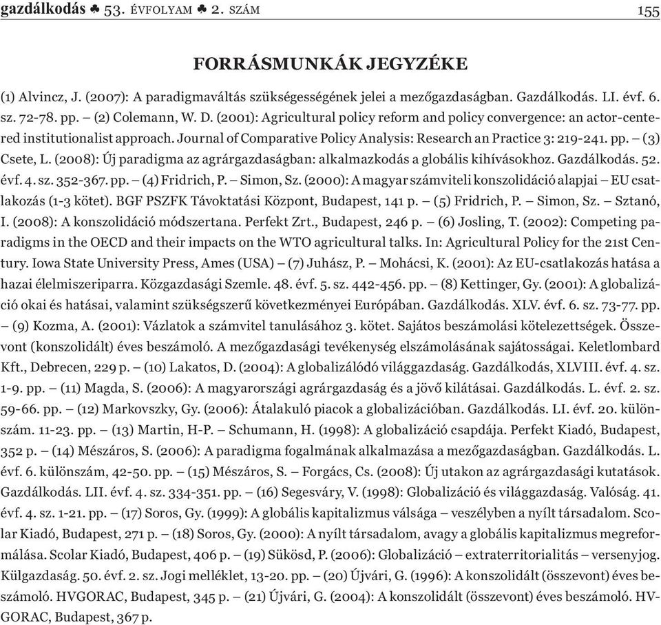 (2008): Új paradigma az agrárgazdaságban: alkalmazkodás a globális kihívásokhoz. Gazdálkodás. 52. évf. 4. sz. 352-367. pp. (4) Fridrich, P. Simon, Sz.
