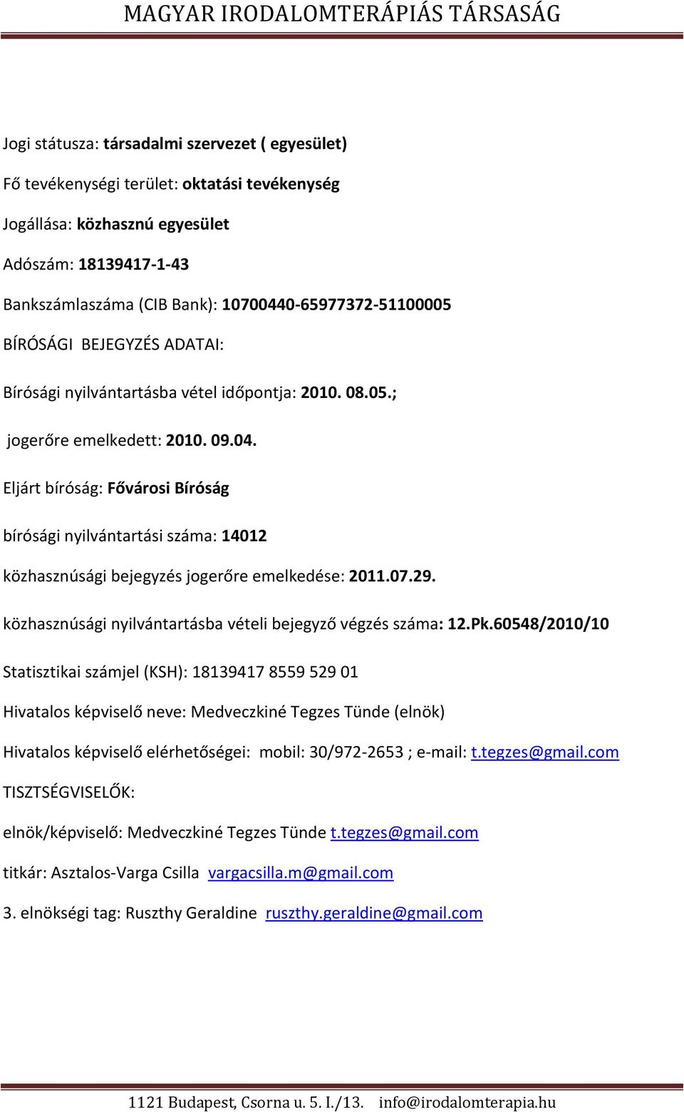 07.29. közhasznúsági nyilvántartásba vételi bejegyző végzés száma: 12.Pk.