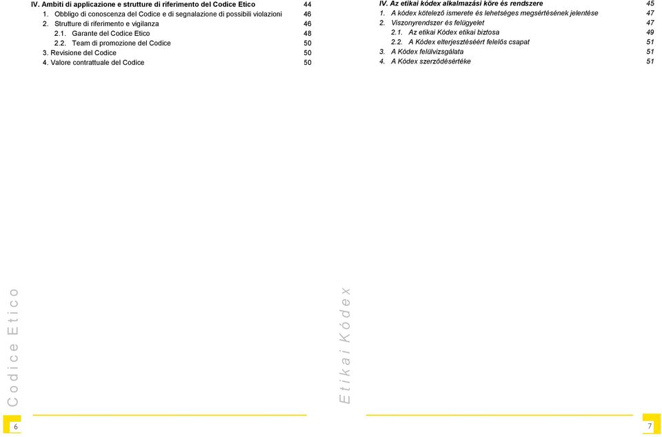 Valore contrattuale del Codice 50 IV. Az etikai kóde alkalmazási köre és rendszere 45 1. A kóde kötelező ismerete és lehetséges megsértésének jelentése 47 2.