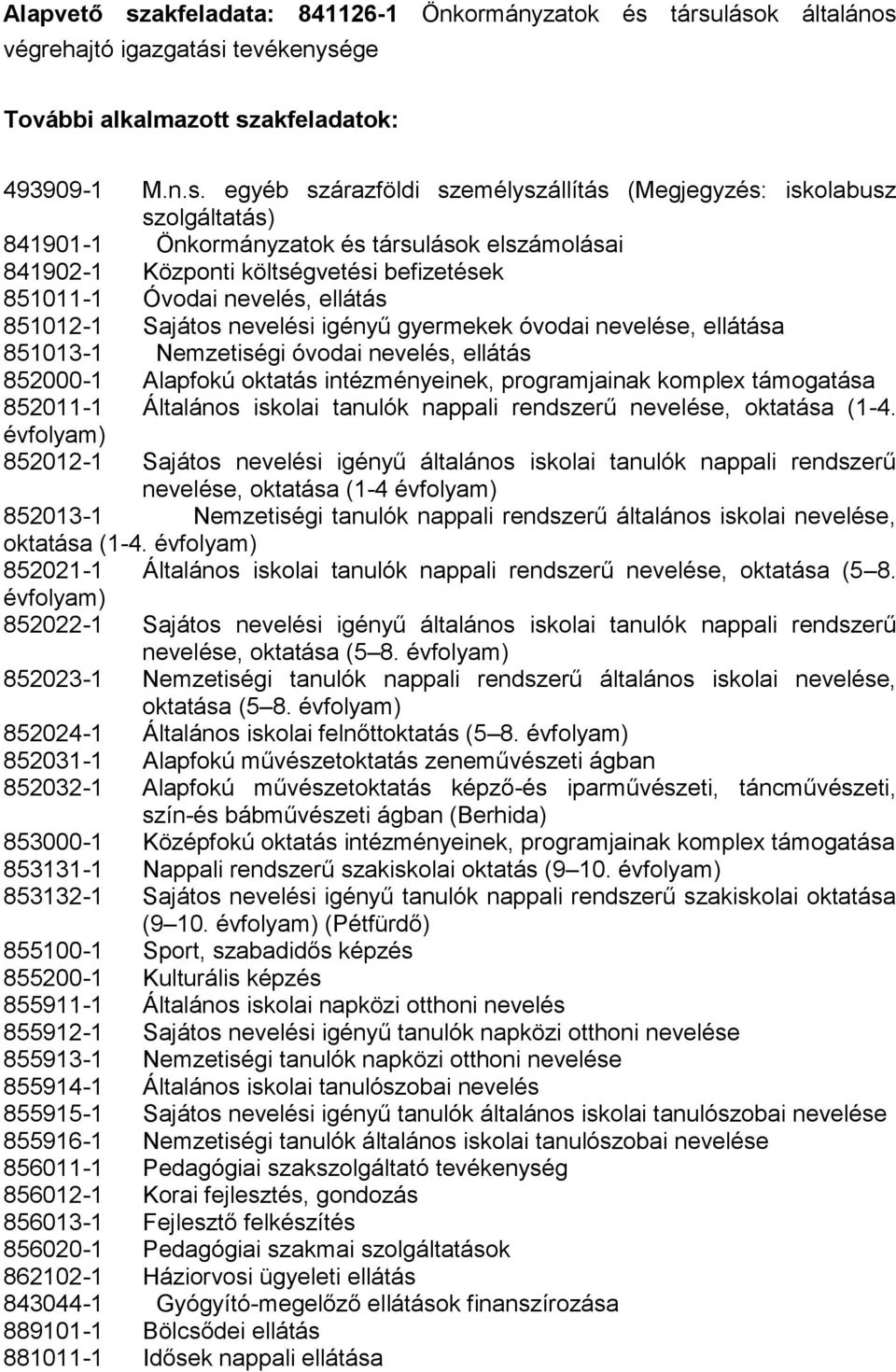 társulások általános végrehajtó igazgatási tevékenysége További alkalmazott szakfeladatok: 493909-1 M.n.s. egyéb szárazföldi személyszállítás (Megjegyzés: iskolabusz szolgáltatás) 841901-1