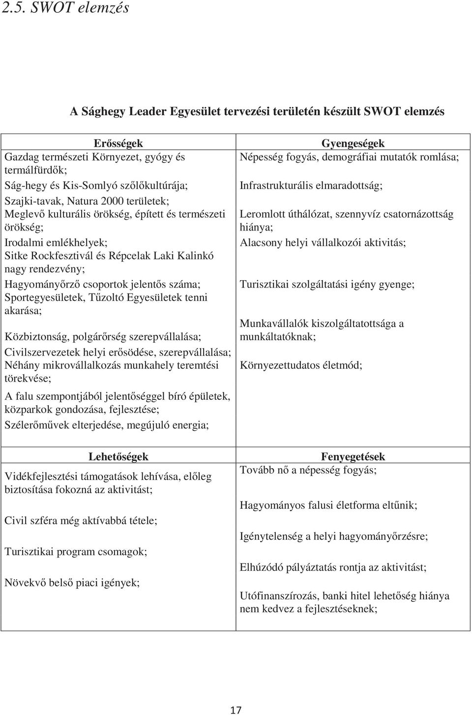 száma; Sportegyesületek, Tzoltó Egyesületek tenni akarása; Közbiztonság, polgárrség szerepvállalása; Civilszervezetek helyi ersödése, szerepvállalása; Néhány mikrovállalkozás munkahely teremtési