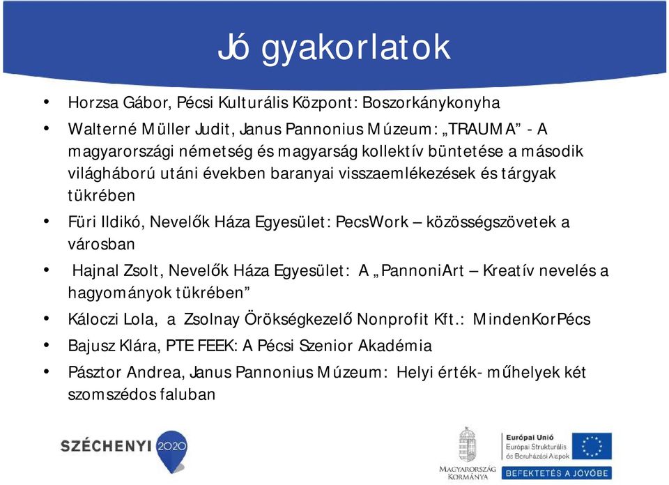 közösségszövetek a városban Hajnal Zsolt, Nevelők Háza Egyesület: A PannoniArt Kreatív nevelés a hagyományok tükrében Káloczi Lola, a Zsolnay Örökségkezelő