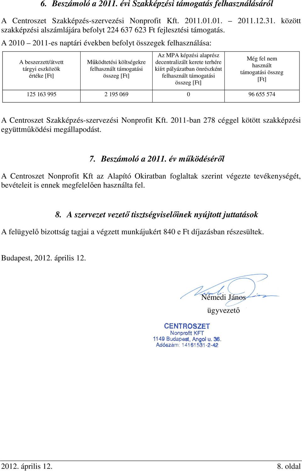 A 2010 2011-es naptári években befolyt összegek felhasználása: A beszerzett/átvett tárgyi eszközök értéke [Ft] Működtetési költségekre felhasznált támogatási összeg [Ft] Az MPA képzési alaprész