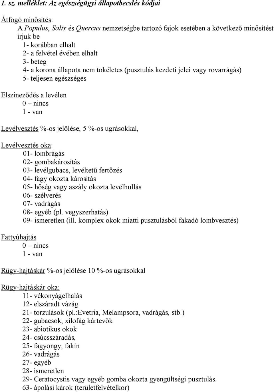 elhalt 3- beteg 4- a korona állapota nem tökéletes (pusztulás kezdet jele vagy rovarrágás) 5- teljesen egészséges Elszíneződés a levélen 0 nncs 1 - van Levélvesztés %-os jelölése, 5 %-os ugrásokkal,