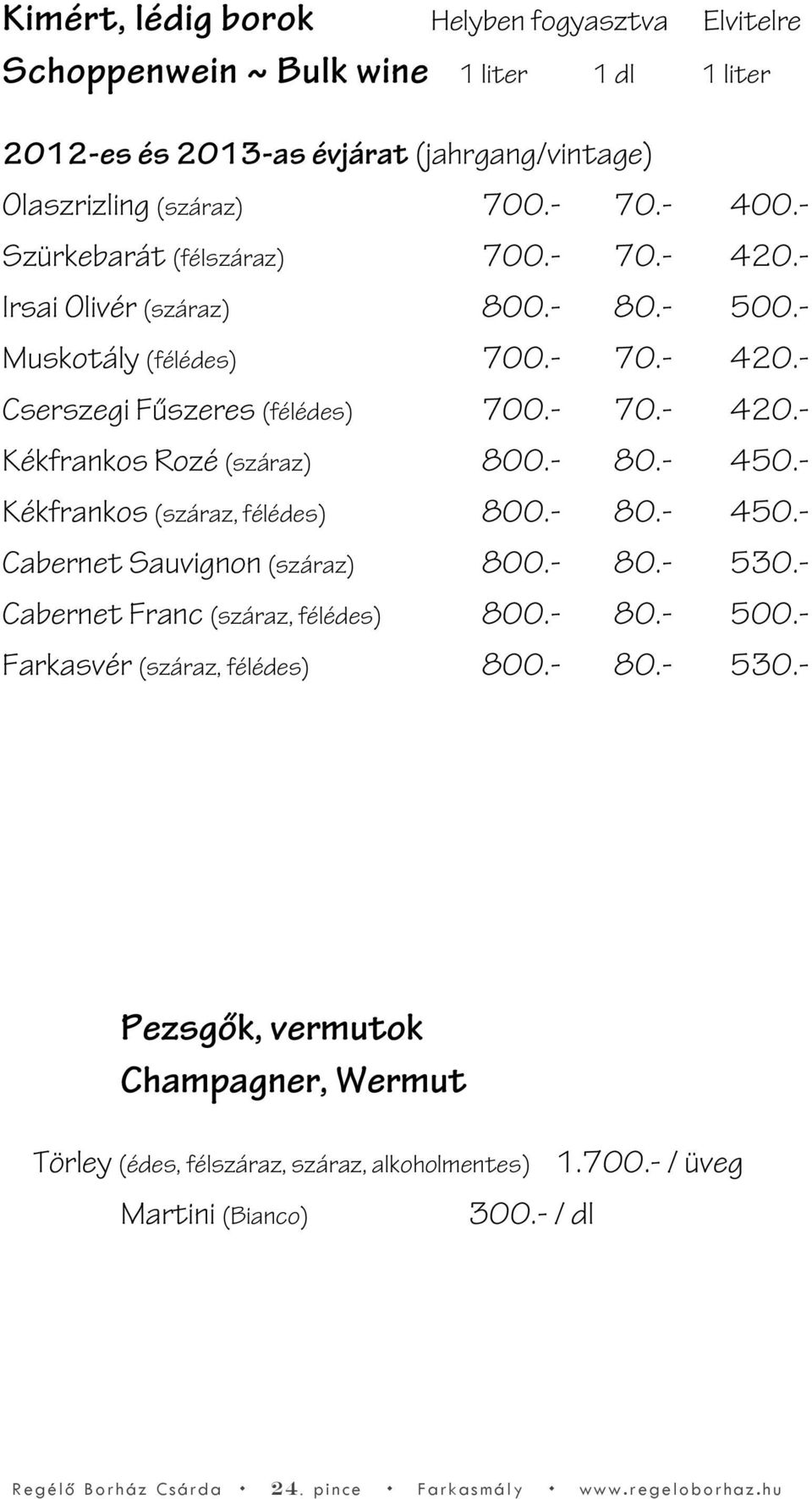 - 80.- 450.- Kékfrankos (száraz, félédes) 800.- 80.- 450.- Cabernet Sauvignon (száraz) 800.- 80.- 530.- Cabernet Franc (száraz, félédes) 800.- 80.- 500.