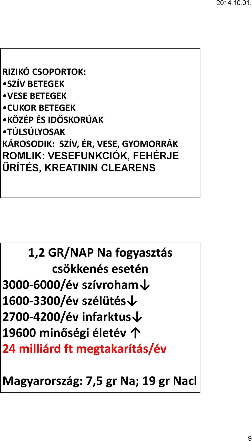 1,2 GR/NAP Na fogyasztás csökkenés esetén 3000-6000/év szívroham 1600-3300/év szélütés