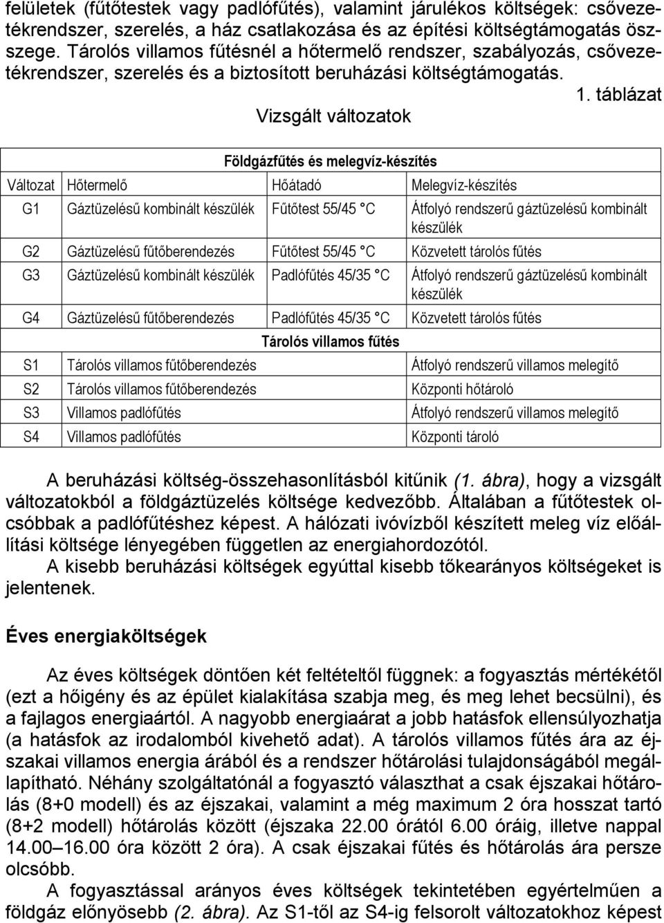 táblázat Vizsgált változatok Földgázfűtés és melegvíz-készítés Változat Hőtermelő Hőátadó Melegvíz-készítés G1 Gáztüzelésű kombinált készülék Fűtőtest 55/45 C Átfolyó rendszerű gáztüzelésű kombinált