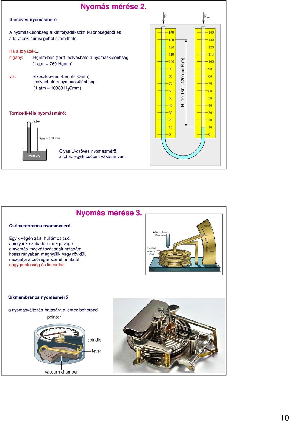 Torricelli-féle nyomásmérő: Olyan U-csöves nyomásmérő, ahol az egyik csőben vákuum van. Csőmembrános nyomásmérő Nyomás mérése 3.