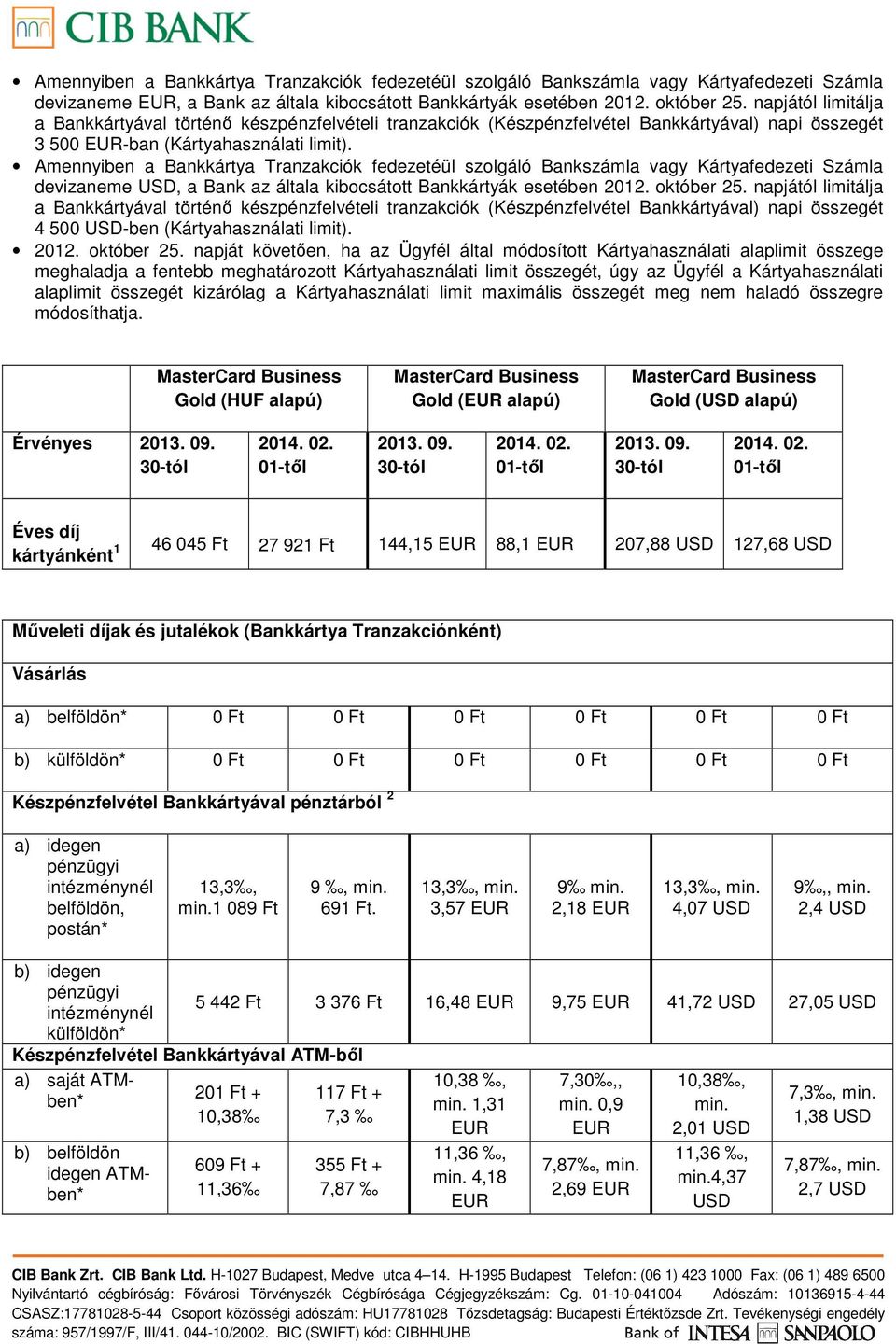 napjától limitálja a Bankkártyával történő készpénzfelvételi tranzakciók (Készpénzfelvétel Bankkártyával) napi összegét 4 500 -ben (Kártyahasználati limit). 2012. október 25.