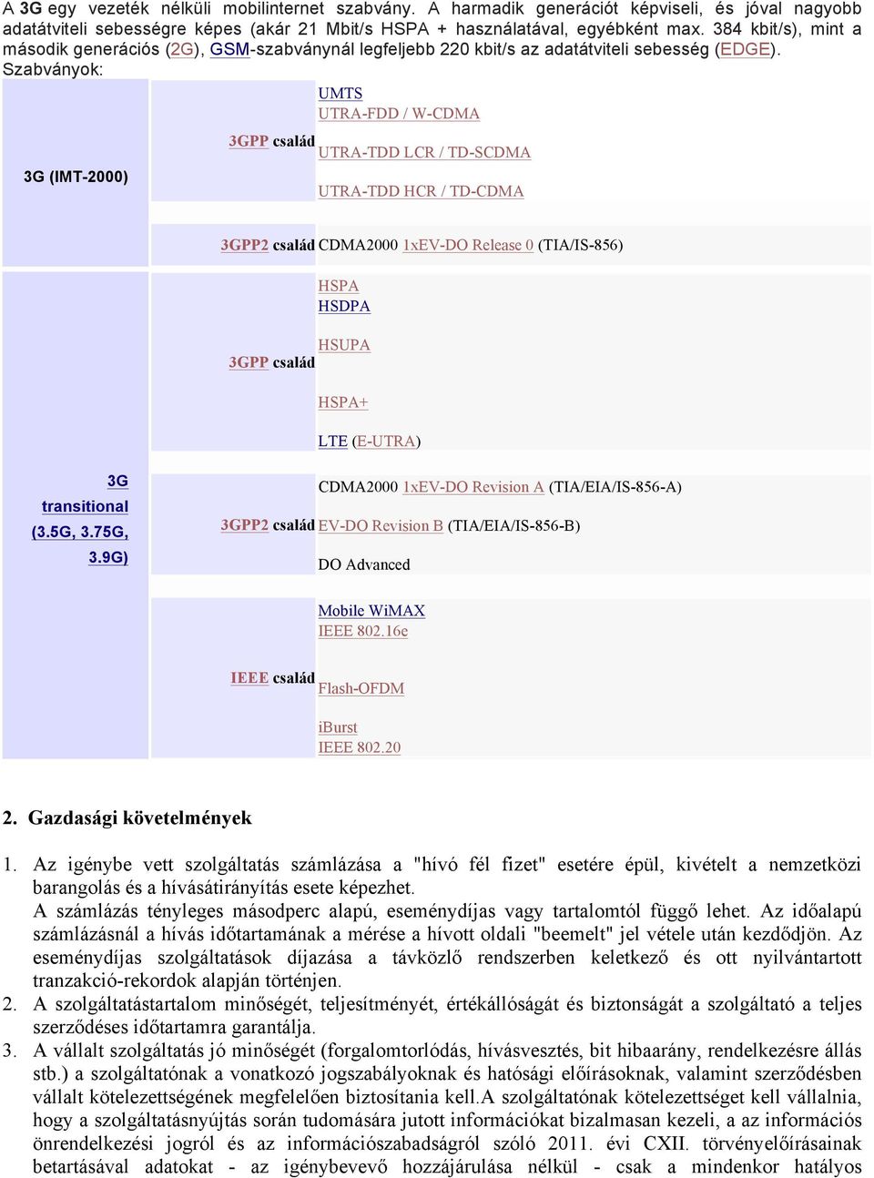 Szabványok: UMTS UTRA-FDD / W-CDMA 3G (IMT-2000) 3GPP család UTRA-TDD LCR / TD-SCDMA UTRA-TDD HCR / TD-CDMA 3GPP2 család CDMA2000 1xEV-DO Release 0 (TIA/IS-856) HSPA HSDPA HSUPA 3GPP család HSPA+ LTE