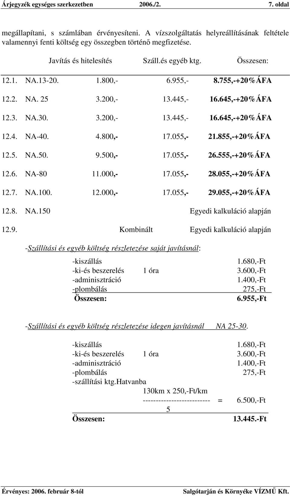 4.800,- 17.055,- 21.855,-+20%ÁFA 12.5. NA.50. 9.500,- 17.055,- 26.555,-+20%ÁFA 12.6. NA-80 11.000,- 17.055,- 28.055,-+20%ÁFA 12.7. NA.100. 12.000,- 17.055,- 29.055,-+20%ÁFA 12.8. NA.150 Egyedi kalkuláció alapján 12.