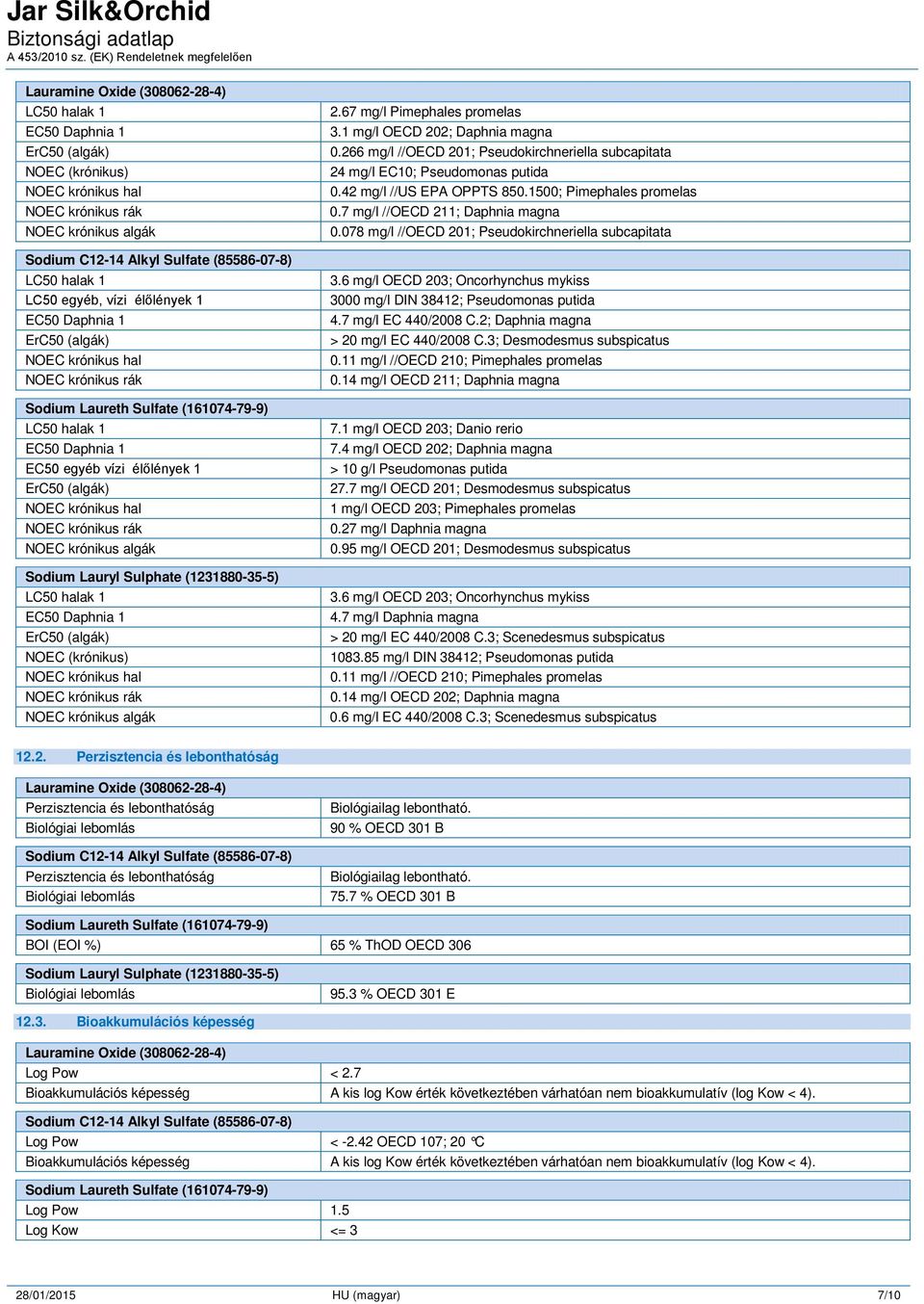 (krónikus) NOEC krónikus hal NOEC krónikus rák NOEC krónikus algák 2.67 mg/l Pimephales promelas 3.1 mg/l OECD 202; Daphnia magna 0.