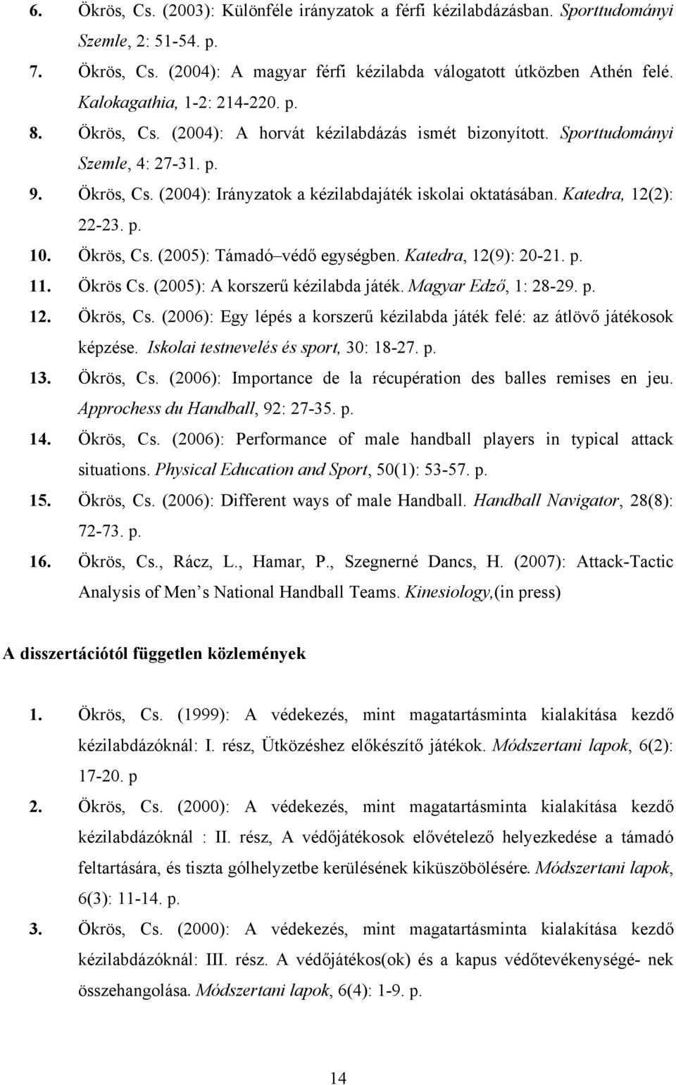 Katedra, 12(2): 22-23. p. 10. Ökrös, Cs. (2005): Támadó védő egységben. Katedra, 12(9): 20-21. p. 11. Ökrös Cs. (2005): A korszerű kézilabda játék. Magyar Edző, 1: 28-29. p. 12. Ökrös, Cs. (2006): Egy lépés a korszerű kézilabda játék felé: az átlövő játékosok képzése.