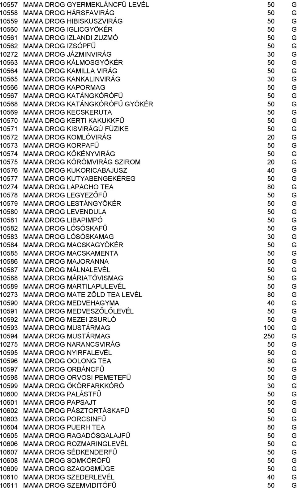 KATÁNGKÓRÓFŰ 50 G 10568 MAMA DROG KATÁNGKÓRÓFŰ GYÖKÉR 50 G 10569 MAMA DROG KECSKERUTA 50 G 10570 MAMA DROG KERTI KAKUKKFŰ 50 G 10571 MAMA DROG KISVIRÁGÚ FÜZIKE 50 G 10572 MAMA DROG KOMLÓVIRÁG 20 G