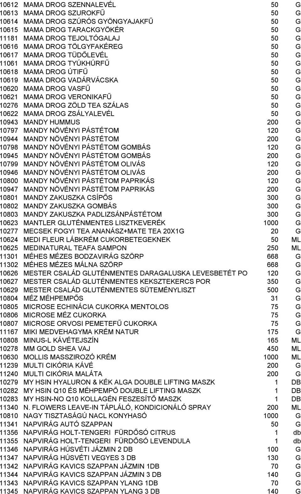 10276 MAMA DROG ZÖLD TEA SZÁLAS 50 G 10622 MAMA DROG ZSÁLYALEVÉL 50 G 10943 MANDY HUMMUS 200 G 10797 MANDY NÖVÉNYI PÁSTÉTOM 120 G 10944 MANDY NÖVÉNYI PÁSTÉTOM 200 G 10798 MANDY NÖVÉNYI PÁSTÉTOM