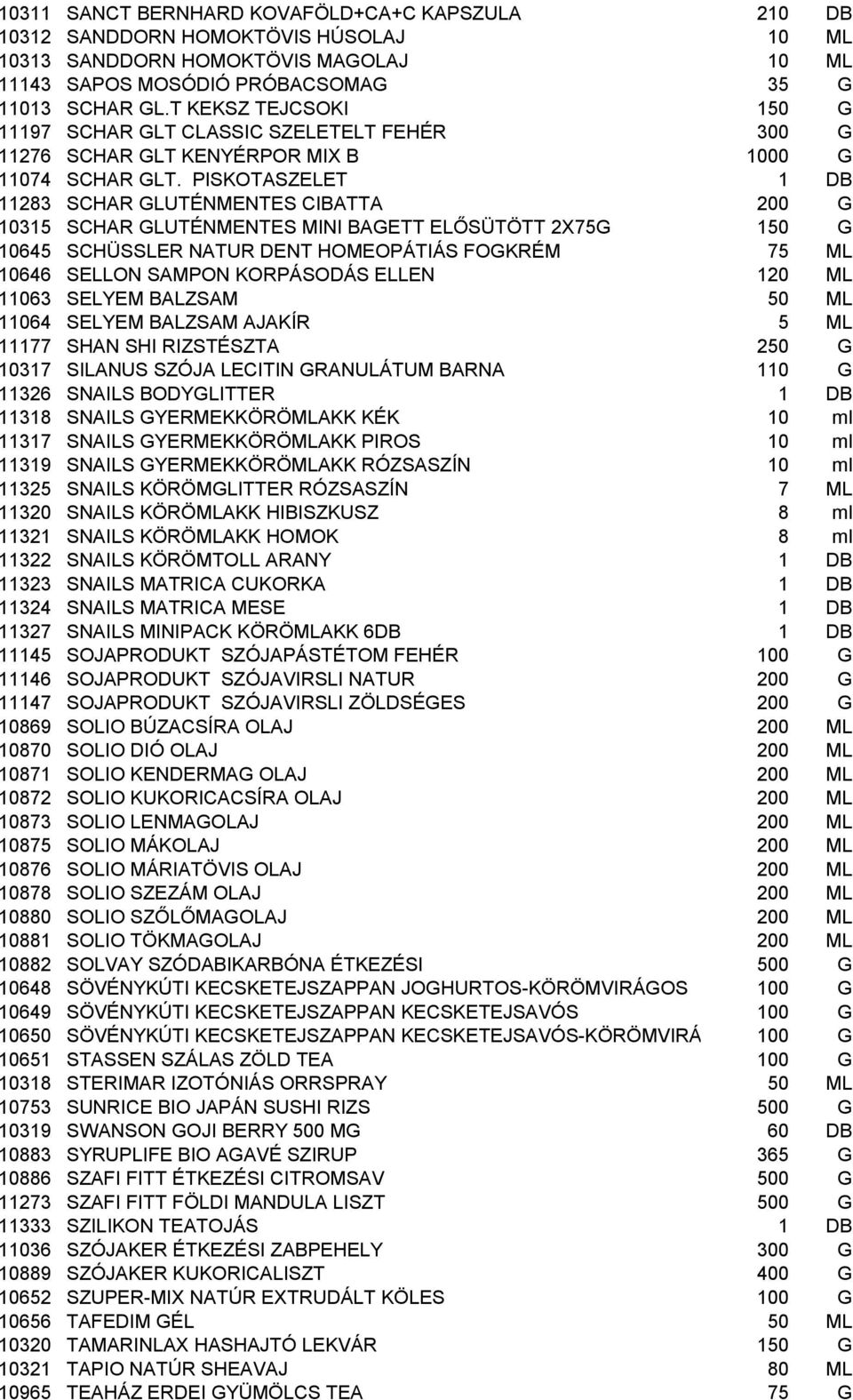 PISKOTASZELET 1 DB 11283 SCHAR GLUTÉNMENTES CIBATTA 200 G 10315 SCHAR GLUTÉNMENTES MINI BAGETT ELŐSÜTÖTT 2X75G 150 G 10645 SCHÜSSLER NATUR DENT HOMEOPÁTIÁS FOGKRÉM 75 ML 10646 SELLON SAMPON