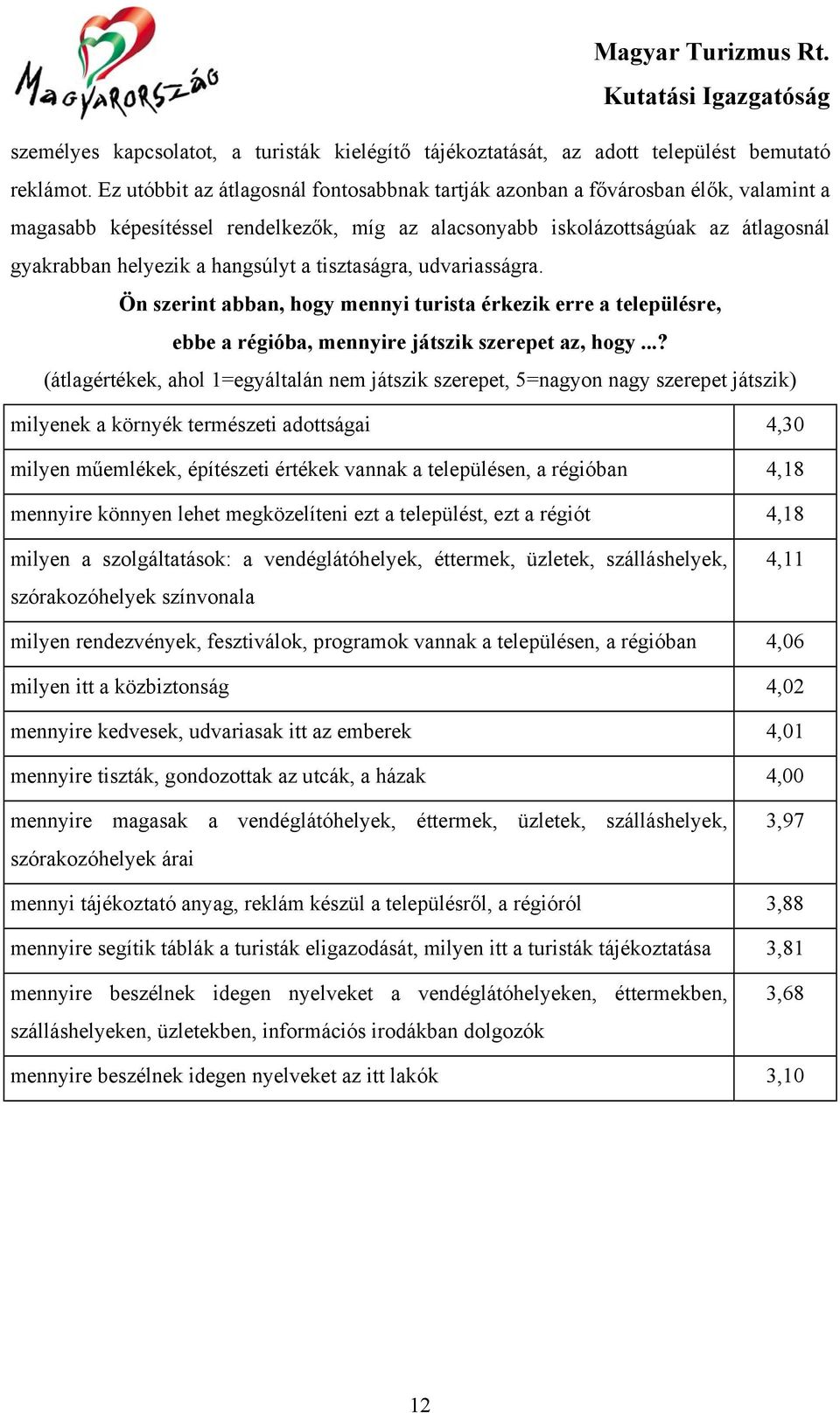 hangsúlyt a tisztaságra, udvariasságra. Ön szerint abban, hogy mennyi turista érkezik erre a településre, ebbe a régióba, mennyire játszik szerepet az, hogy.