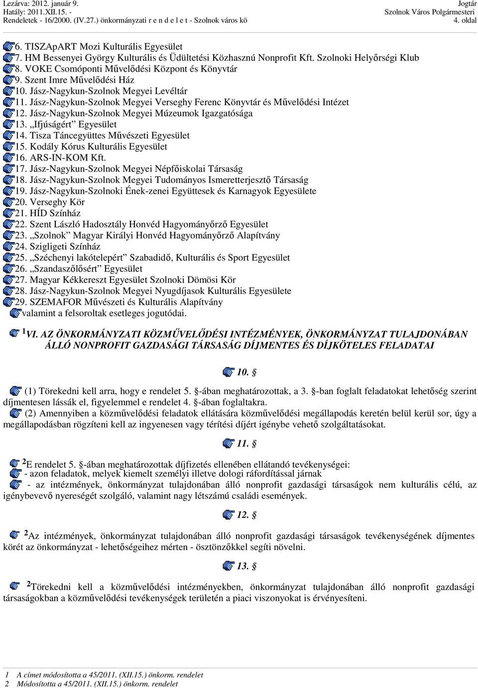 Jász-Nagykun-Szolnok Megyei Múzeumok Igazgatósága 13. Ifjúságért Egyesület 14. Tisza Táncegyüttes Művészeti Egyesület 15. Kodály Kórus Kulturális Egyesület 16. ARS-IN-KOM Kft. 17.