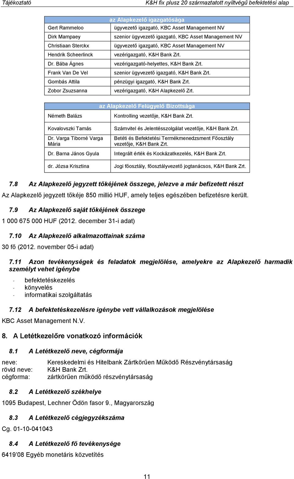ügyvezető igazgató, KBC Asset Management NV vezérigazgató, K&H Bank Zrt. vezérigazgató-helyettes, K&H Bank Zrt. szenior ügyvezető igazgató, K&H Bank Zrt. pénzügyi igazgató, K&H Bank Zrt.