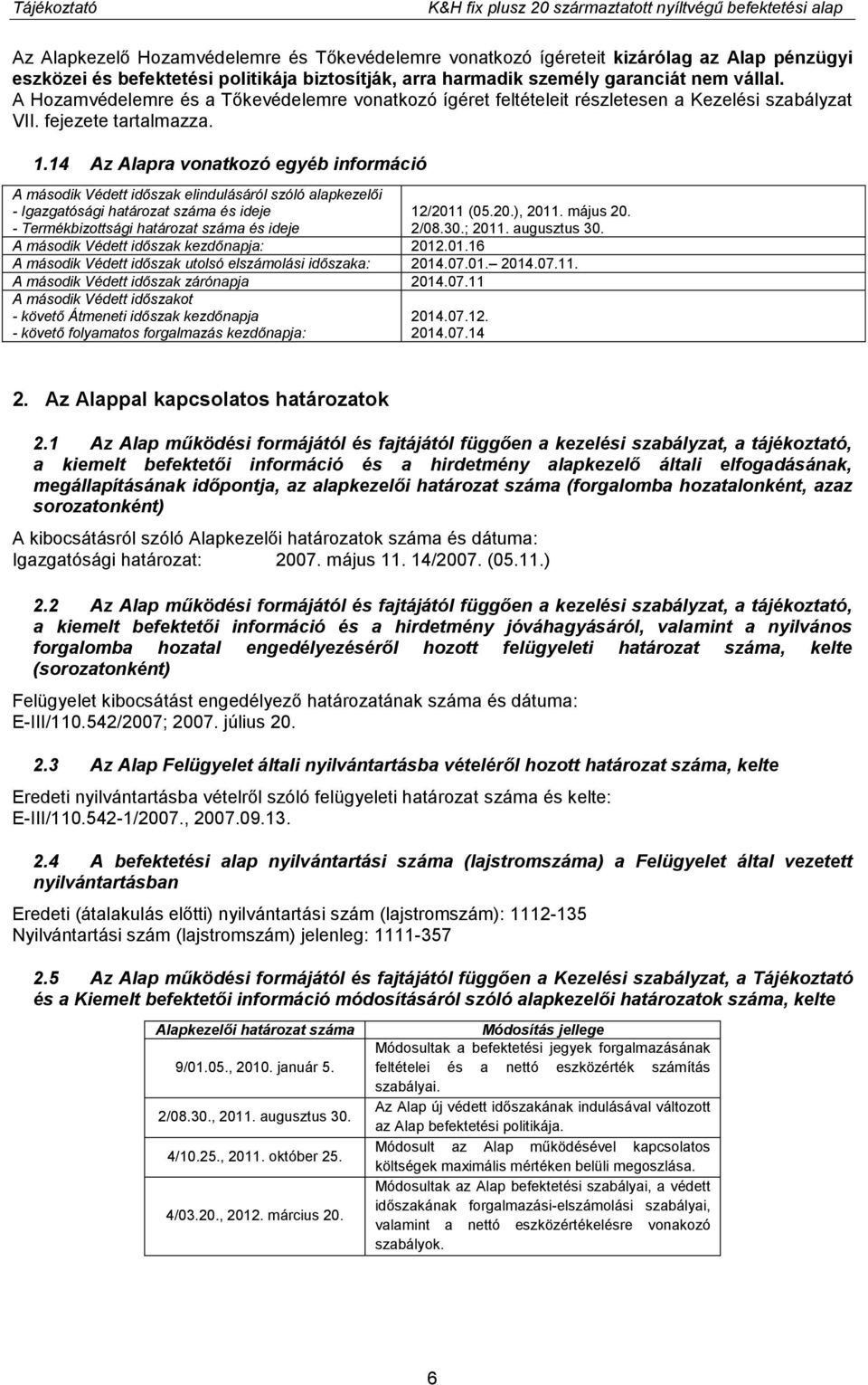 14 Az Alapra vonatkozó egyéb információ A második Védett időszak elindulásáról szóló alapkezelői - Igazgatósági határozat száma és ideje - Termékbizottsági határozat száma és ideje 12/2011 (05.20.), 2011.