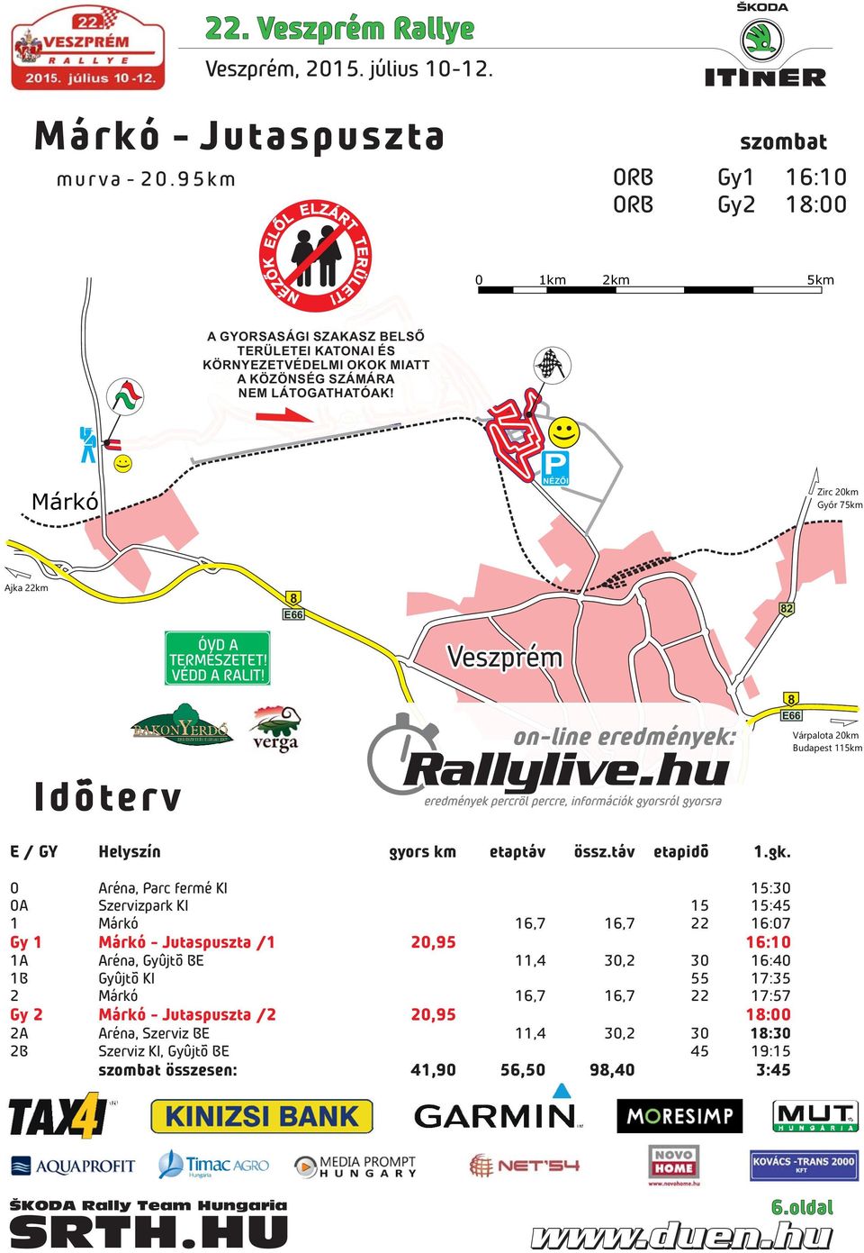 PNÉZŐI Márkó Zirc 20km Győr 75km Ajka 22km 8 E66 82 Idõterv ÓVD A TERMÉSZETET! VÉDD A RALIT! Veszprém 8 E66 Várpalota 20km Budapest 115km E / GY Helyszín gyors km etaptáv össz.táv etapidõ 1.gk.