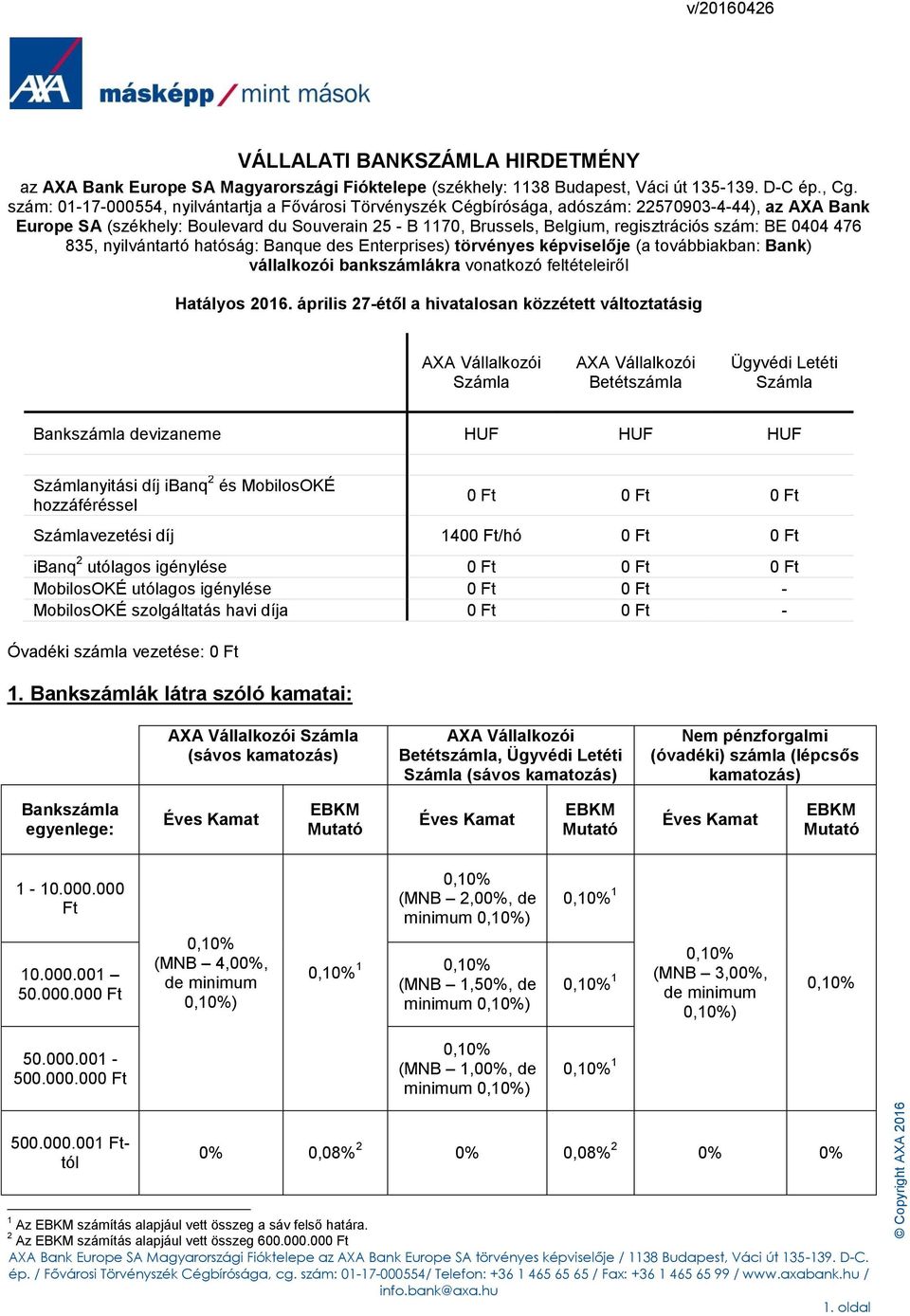 szám: BE 0404 476 835, nyilvántartó hatóság: Banque des Enterprises) törvényes képviselője (a továbbiakban: Bank) vállalkozói bankszámlákra vonatkozó feltételeiről Hatályos 2016.