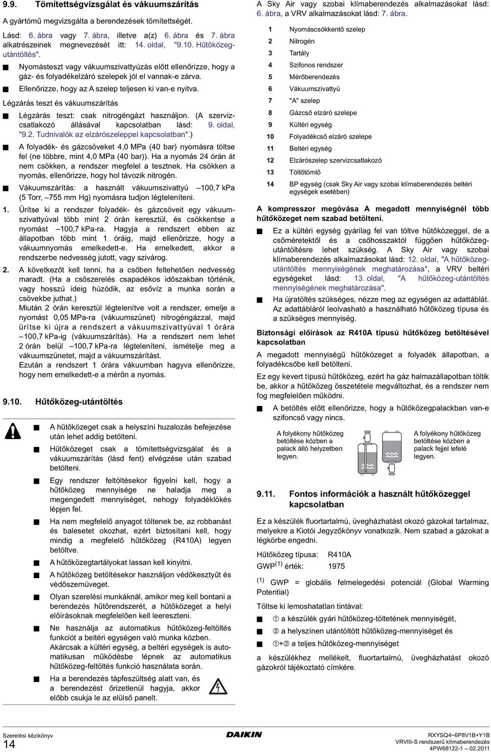 Légzárás teszt és vákuumszárítás Légzárás teszt: csak nitrogéngázt használjon. ( szervizcsatlakozó állásával kapcsolatban lásd: 9. oldal, "9.. Tudnivalók az elzárószeleppel kapcsolatban".