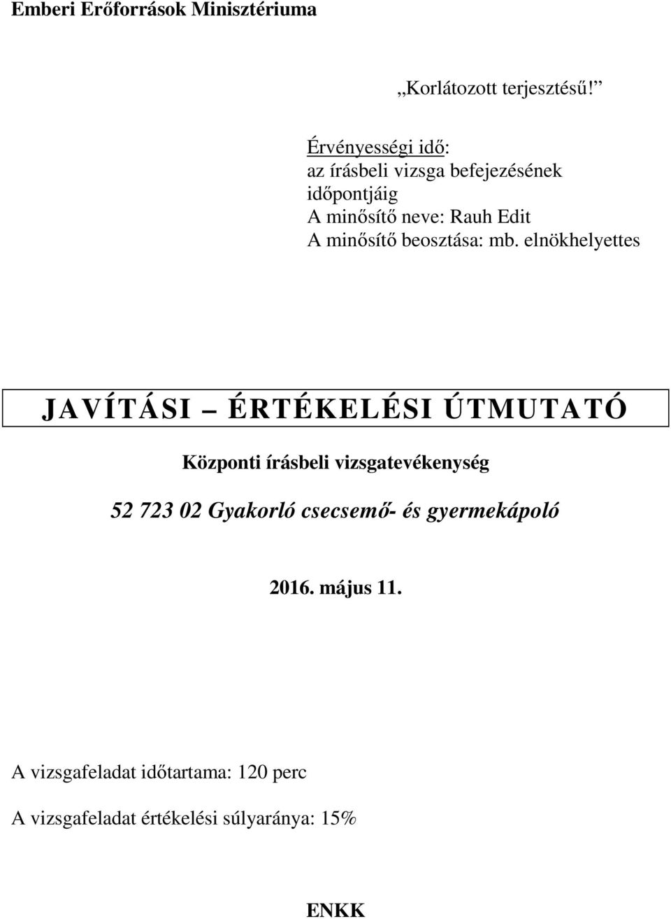 elnökhelyettes JAVÍTÁSI ÉRTÉKELÉSI ÚTMUTATÓ Központi írásbeli vizsgatevékenység 52 723 02