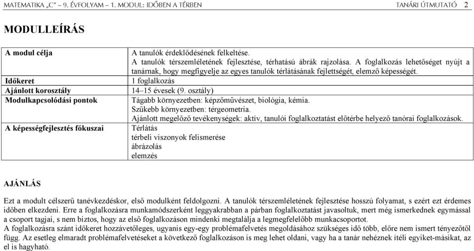 A tanulók térszemléletének fejlesztése, térhatású ábrák rajzolása. A foglalkozás lehetőséget nyújt a tanárnak, hogy megfigyelje az egyes tanulók térlátásának fejlettségét, elemző képességét.