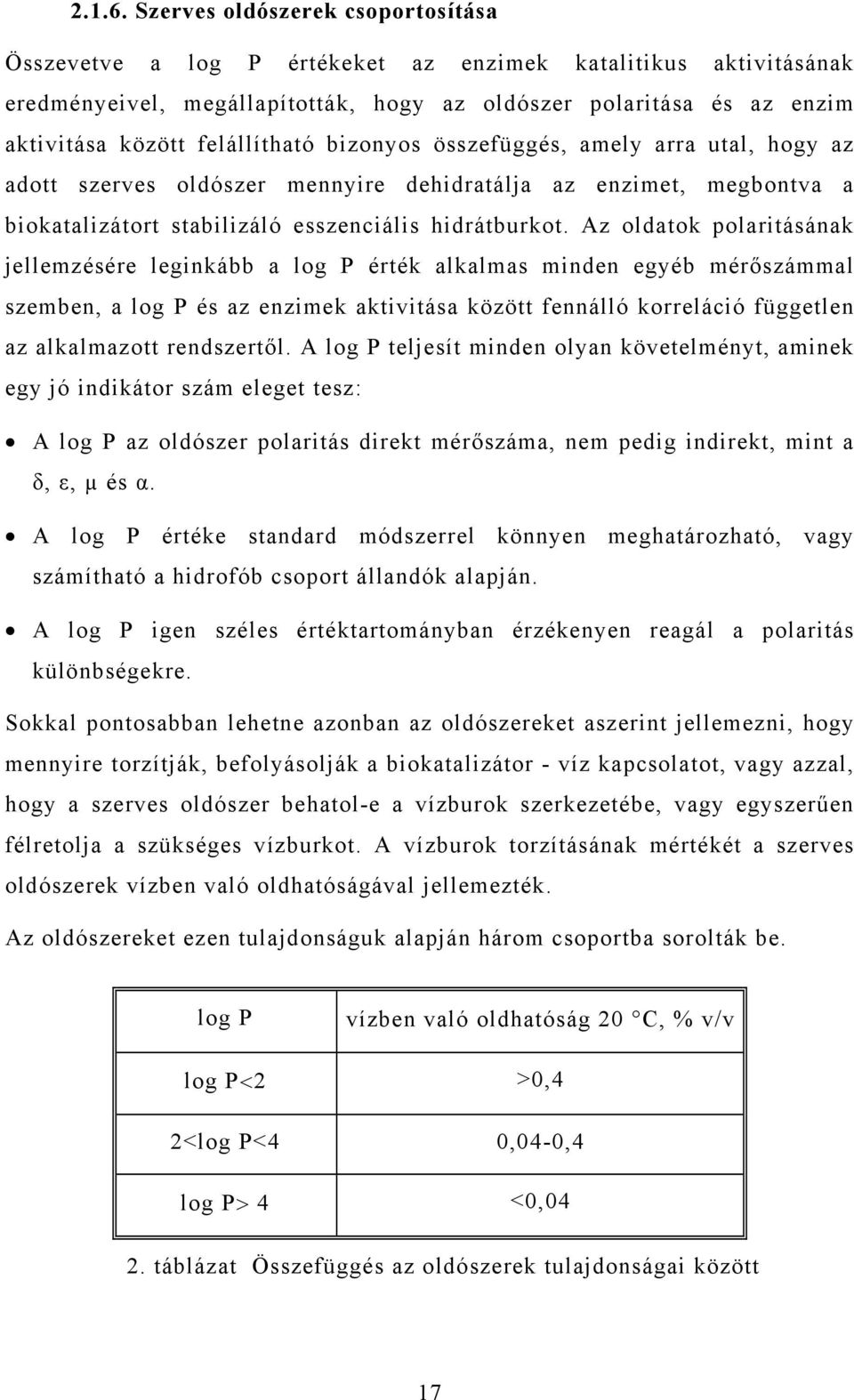 felállítható bizonyos összefüggés, amely arra utal, hogy az adott szerves oldószer mennyire dehidratálja az enzimet, megbontva a biokatalizátort stabilizáló esszenciális hidrátburkot.