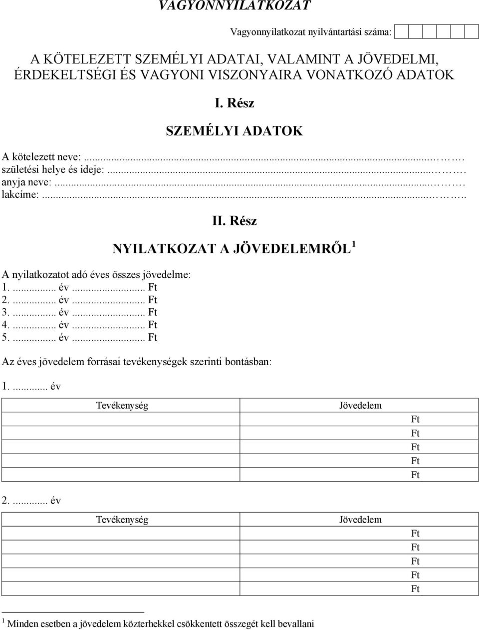 .... A nyilatkozatot adó éves összes jövedelme: 1.... év... 2.... év... 3.... év... 4.... év... 5.... év... II.