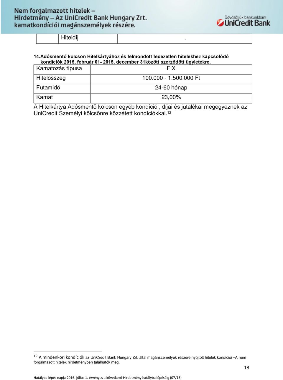 000 Ft 24-60 hónap Kamat 23,00% A Hitelkártya Adósmentő kölcsön egyéb kondíciói, díjai és jutalékai megegyeznek az UniCredit Személyi