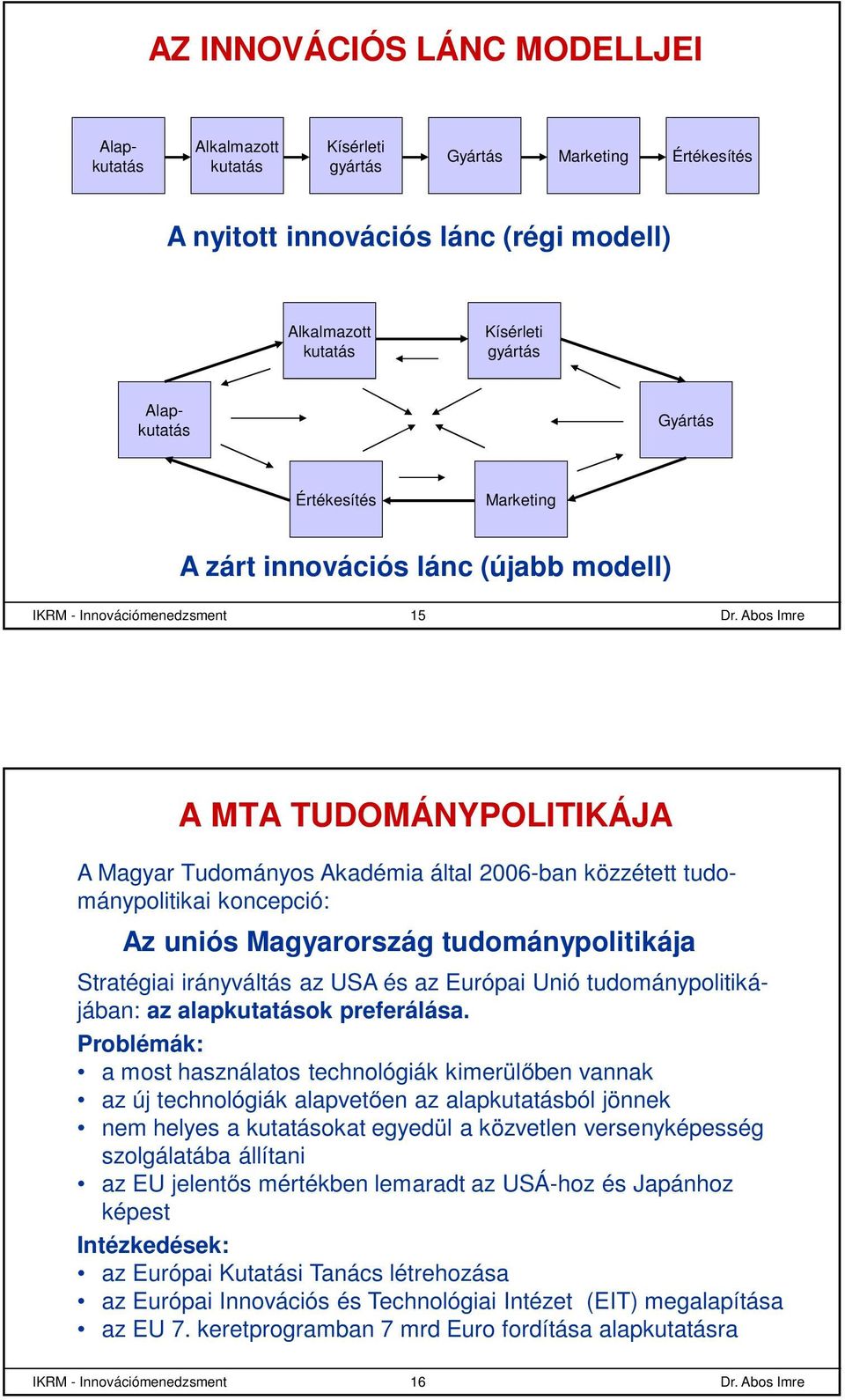 koncepció: Az uniós Magyarország tudománypolitikája Stratégiai irányváltás az USA és az Európai Unió tudománypolitikájában: az alapkutatások preferálása.