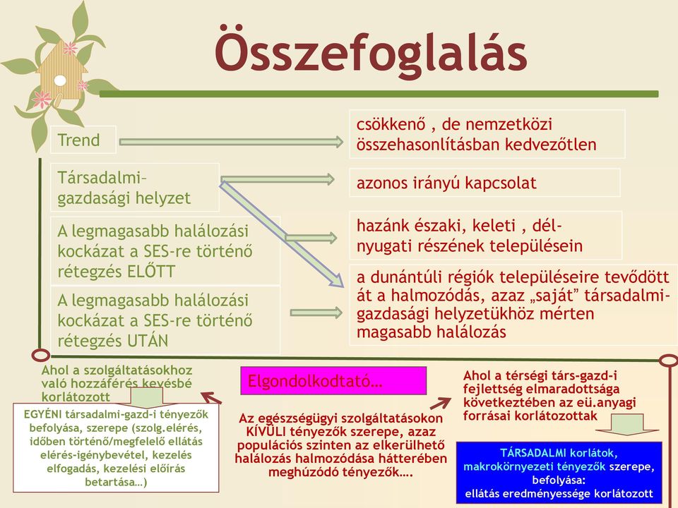 társadalmigazdasági helyzetükhöz mérten magasabb halálozás Ahol a szolgáltatásokhoz való hozzáférés kevésbé korlátozott EGYÉNI társadalmi-gazd-i tényezők befolyása, szerepe (szolg.