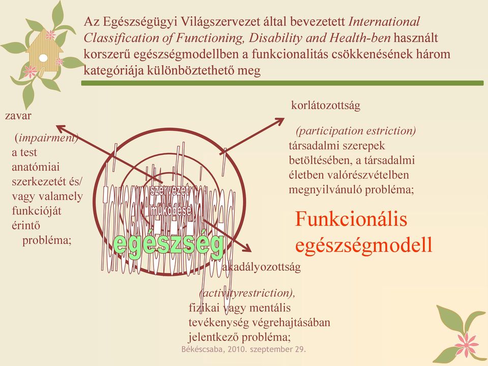 probléma; akadályozottság korlátozottság (participation estriction) társadalmi szerepek betöltésében, a társadalmi életben valórészvételben megnyilvánuló