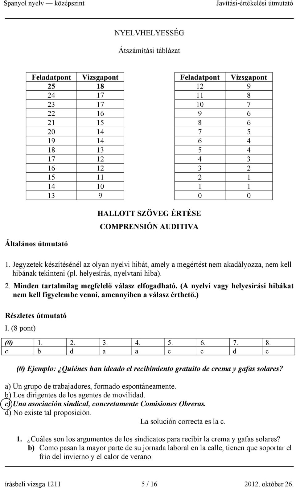helyesírás, nyelvtani hiba). 2. Minden tartalmilag megfelelő válasz elfogadható. (A nyelvi vagy helyesírási hibákat nem kell figyelembe venni, amennyiben a válasz érthető.) Részletes útmutató I.