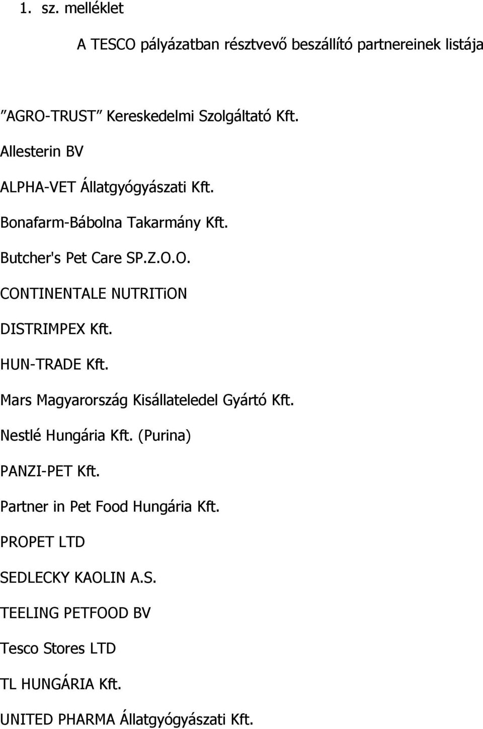 O. CONTINENTALE NUTRITiON DISTRIMPEX Kft. HUN-TRADE Kft. Mars Magyarország Kisállateledel Gyártó Kft. Nestlé Hungária Kft.