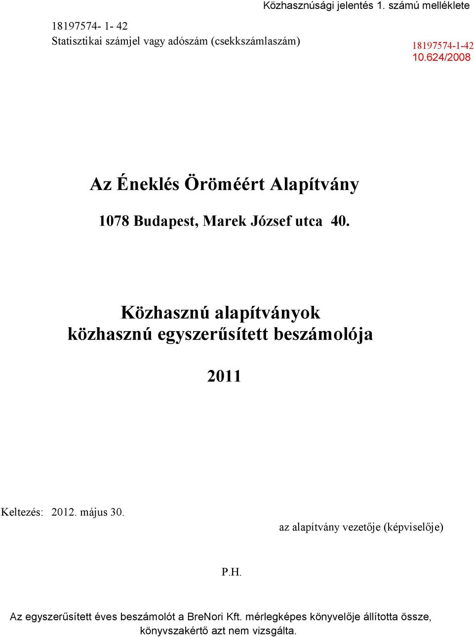 624/2008 Az Éneklés Öröméért Alapítvány 1078 Budapest, Marek József utca 40.