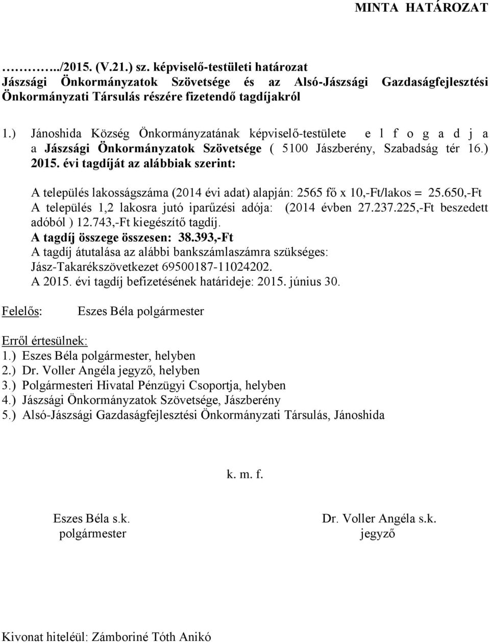 évi tagdíját az alábbiak szerint: A település lakosságszáma (2014 évi adat) alapján: 2565 fő x 10,-Ft/lakos = 25.650,-Ft A település 1,2 lakosra jutó iparűzési adója: (2014 évben 27.237.