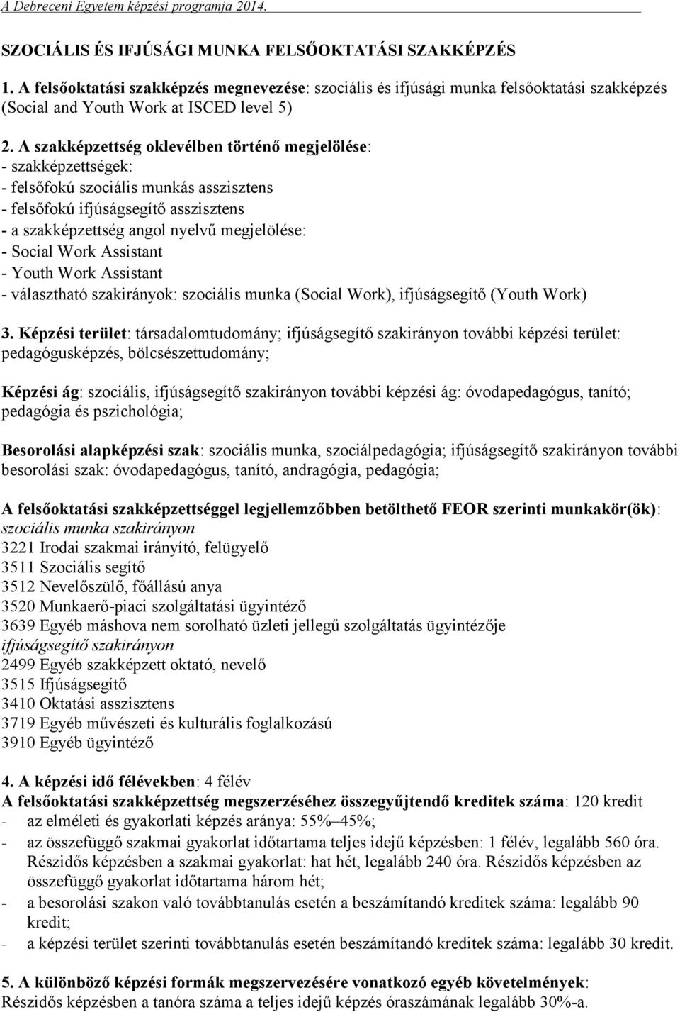 Social Work Assistant - Youth Work Assistant - választható szakirányok: szociális munka (Social Work), ifjúságsegítő (Youth Work) 3.