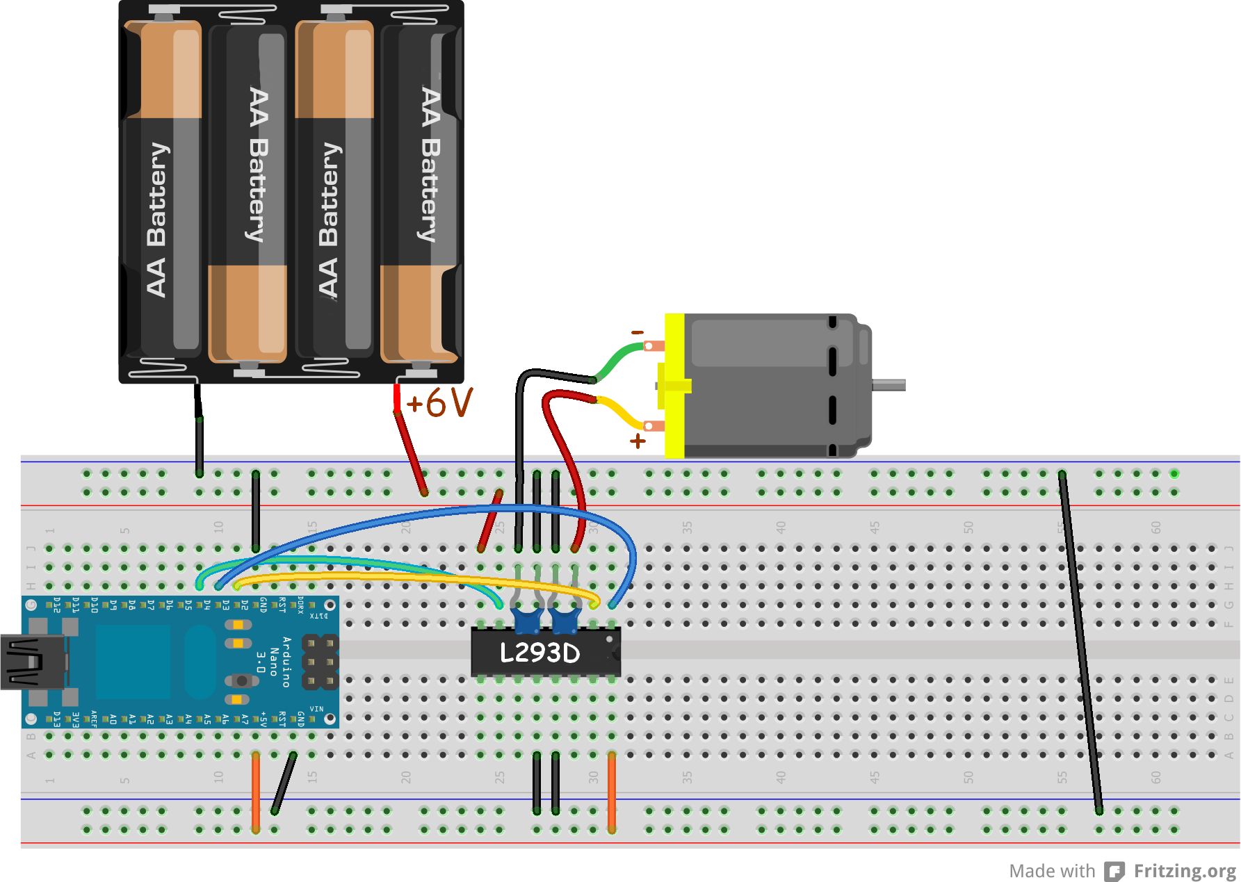 Egy motor vezérlése Arduinoval Bekötési vázlat: D2 = In1 (sárga) D3 = Enable1,2 (kék) D4 = In2 (zöld) Megjegyzések: 1.