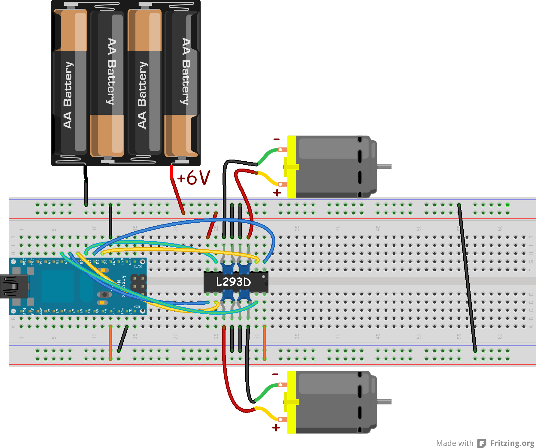 Két motor vezérlése Arduinoval Megjegyzés: A rajzon látható kapcsolásban azonos vezérlés mellett a két motor azonos