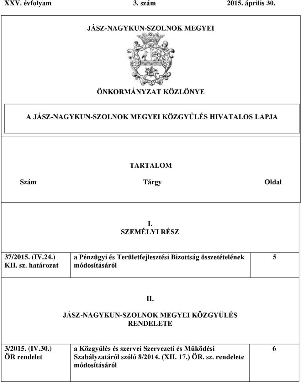 Tárgy Oldal I. SZEMÉLYI RÉSZ 37/2015. (IV.24.
